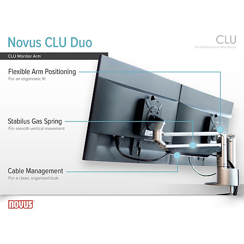 Novus CLU Duo 990+4019+000 Mounting Arm for Monitor - Silver 2 Display(s) Supported - 13" Screen Support - 30 lb Load Capacity - 75 x 100 - Aluminum, Metal, Plastic - 1 Carton (9904019000)