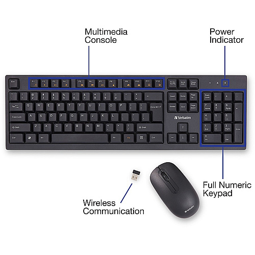 Verbatim Wireless Keyboard and Mouse USB Type A Wireless Bluetooth 2.40 GHz Keyboard - USB Type A Wireless Mouse - Optical - 1000 dpi - Multimedia Hot Key(s) - Symmetrical - AA, AAA - Compatible with Windows, Mac - 1 Each (70724)