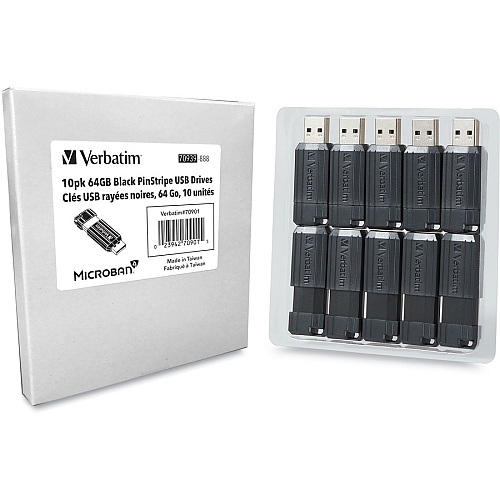 Microban 64GB PinStripe USB Flash Drive - Business 10pk - Black 64 GB - USB 2.0 Type A - Black - 10 / Pack (70901)