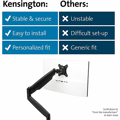 Kensington SmartFit Mounting Arm for Monitor, Curved Screen Display, Flat Panel Display - Black - Landscape/Portrait Height Adjustable - 1 Display(s) Supported - 13" to 34" Screen Support - 19.84 lb Load Capacity - 75 x 75, 100 x 100 - VESA Mount  (59600)