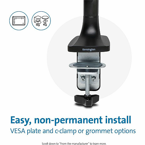 Kensington SmartFit Mounting Arm for Monitor, Curved Screen Display, Flat Panel Display - Black - Landscape/Portrait Height Adjustable - 1 Display(s) Supported - 13" to 34" Screen Support - 19.84 lb Load Capacity - 75 x 75, 100 x 100 - VESA Mount  (59600)