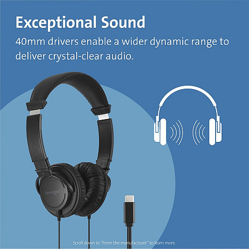 Kensington USB-C Hi-Fi Headphones Stereo - USB Type C - Wired - Over-the-head - Binaural - Ear-cup - 6 ft Cable - Black - 1 Each (97456)