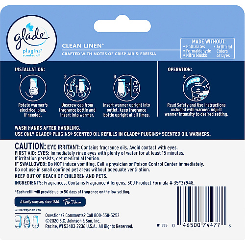 Glade Plug-In Warmers Linen Air Refill Clean Linen - 50 Day - Long Lasting - 3 / Pack (322826)