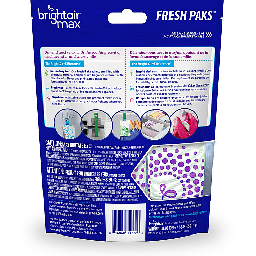 Bright Air Fresh Pak Sachets Wild Lavender - 2 / Pack - Odor Neutralizer, Phthalate-free, Paraben-free, Formaldehyde-free, NPE-free, BHT Free (900611)