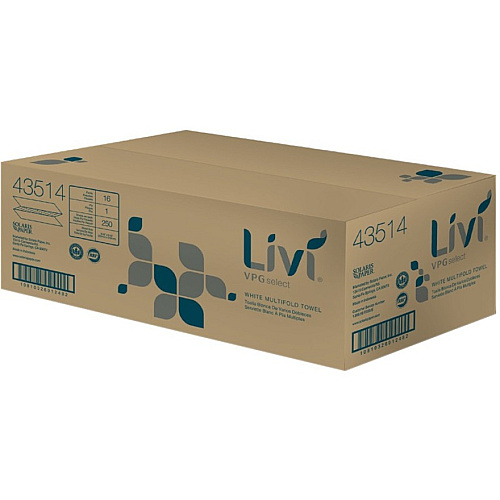 Livi&reg; Select Multifold Paper Towels, 1-Ply, White, 4000 Towels 1 Ply - Multifold - 9.06" Width x 9.45" Length - Emboss Pattern - White - Virgin Fiber - 250/Pack - 16 / Carton (43514)