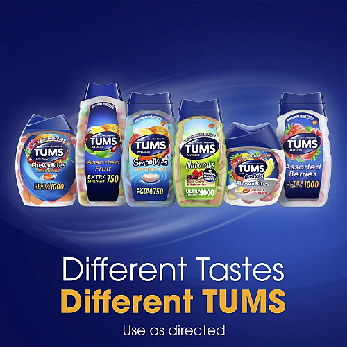 TUMS Smoothies Extra Strength Antacid Chewable Tablet For Acid Indigestion, Heartburn, Sour Stomach, Upset Stomach - Assorted Fruit - 60/Bottle - 1 Each (39287)