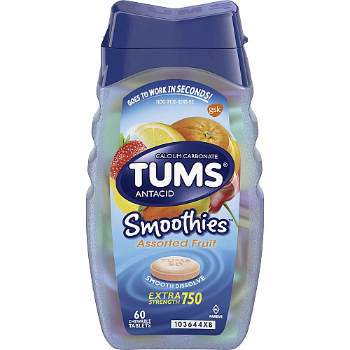 TUMS Smoothies Extra Strength Antacid Chewable Tablet For Acid Indigestion, Heartburn, Sour Stomach, Upset Stomach - Assorted Fruit - 60/Bottle - 1 Each (39287)