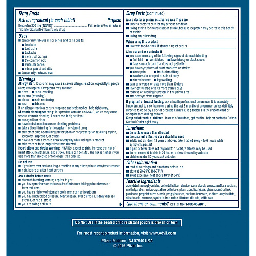 Advil Ibuprofen Tablets For Pain, Headache, Backache, Menstrual Cramp, Joint Pain, Fever - 50/Box - 1 Each (15489)
