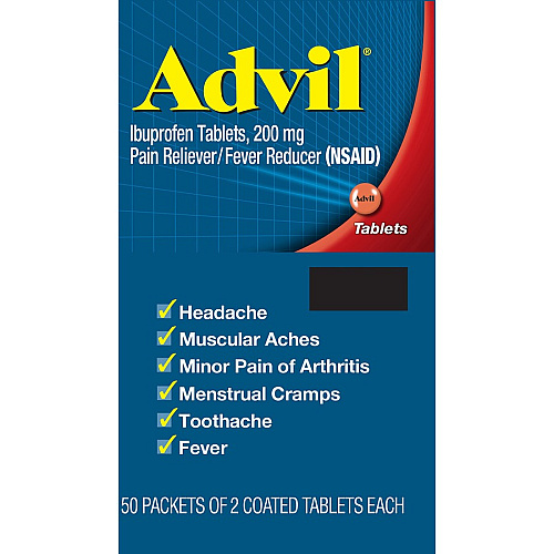 Advil Ibuprofen Tablets For Pain, Headache, Backache, Menstrual Cramp, Joint Pain, Fever - 50/Box - 1 Each (15489)