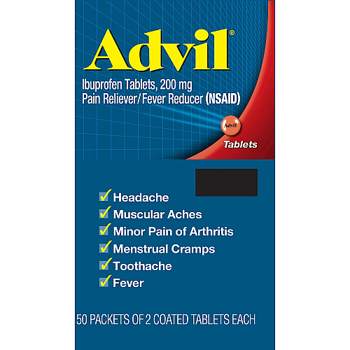 Advil Ibuprofen Tablets For Pain, Headache, Backache, Menstrual Cramp, Joint Pain, Fever - 50/Box - 1 Each (15489)