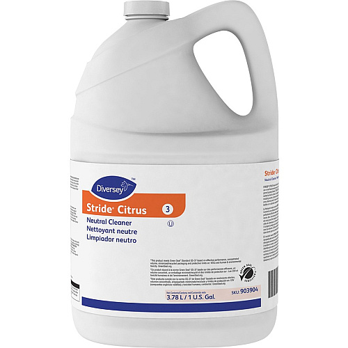 Diversey Stride Citrus Neutral Cleaner Concentrate - 128 fl oz (4 quart) - Citrus Scent - 4 / Carton - pH Neutral, Non Alkaline, Low Foaming, Rinse-free, Film-free, Kosher - Orange (903904CT)