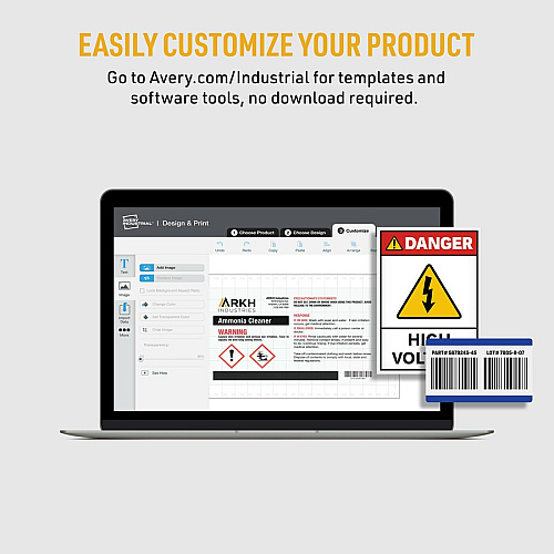 Avery&reg; Danger Header Printable Outdoor Vinyl Signs Waterproof - DANGER - 7" Width x 10" Length - Permanent Adhesive - Rectangle - Laser - White - Vinyl - Print-to-the Edge, Permanent Adhesive, Customizable, Pre-printed, Self-adhesive, Chemical (61553)