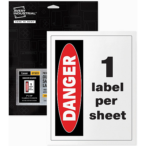 Avery&reg; Danger Header Printable Outdoor Vinyl Signs Waterproof - DANGER - 7" Width x 10" Length - Permanent Adhesive - Rectangle - Laser - White - Vinyl - Print-to-the Edge, Permanent Adhesive, Customizable, Pre-printed, Self-adhesive, Chemical (61553)
