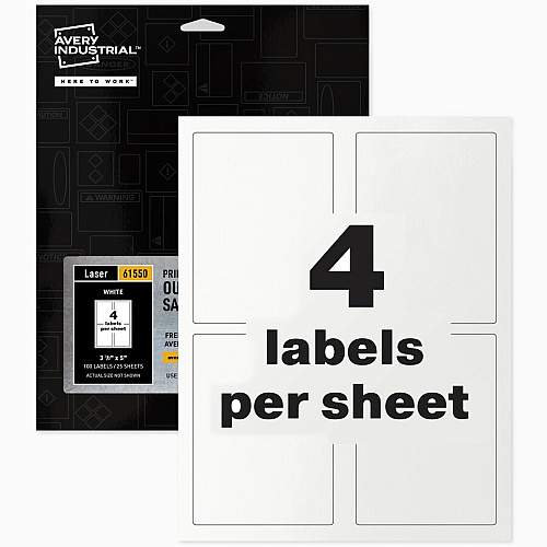 Avery&reg; Adhesive Printable Vinyl Signs Waterproof - 3 1/2" Width x 5" Length - Permanent Adhesive - Rectangle - Laser - White - Vinyl - Print-to-the Edge, Permanent Adhesive, Customizable, Chemical Resistant, Abrasion Resistant - 4 / Sheet - 25 (61550)