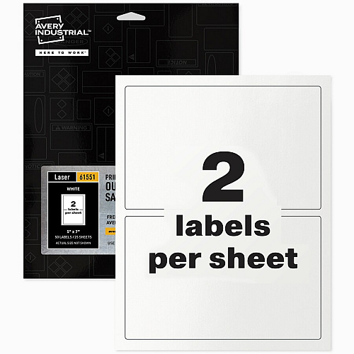 Avery&reg; Adhesive Printable Vinyl Signs Waterproof - 5" Width x 7" Length - Permanent Adhesive - Rectangle - Laser - White - Vinyl - Print-to-the Edge, Permanent Adhesive, Customizable, Chemical Resistant, Abrasion Resistant - 2 / Sheet - 25 Tot (61551)