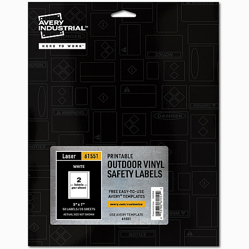 Avery&reg; Adhesive Printable Vinyl Signs Waterproof - 5" Width x 7" Length - Permanent Adhesive - Rectangle - Laser - White - Vinyl - Print-to-the Edge, Permanent Adhesive, Customizable, Chemical Resistant, Abrasion Resistant - 2 / Sheet - 25 Tot (61551)