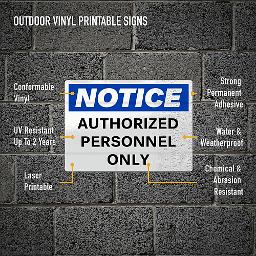 Avery&reg; Adhesive Printable Vinyl Signs Waterproof - 5" Width x 7" Length - Permanent Adhesive - Rectangle - Laser - White - Vinyl - Print-to-the Edge, Permanent Adhesive, Customizable, Chemical Resistant, Abrasion Resistant - 2 / Sheet - 25 Tot (61551)