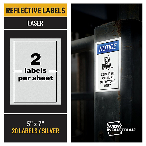 Avery&reg; Reflective Sign Labels 5" Width x 7" Length - Permanent Adhesive - Rectangle - Laser - Silver - Film - Water Resistant - 2 / Sheet - 10 Total Sheets - 20 Total Label(s) - 20 / Pack (61583)