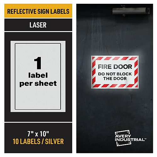 Avery&reg; Reflective Sign Labels 7" Width x 10" Length - Permanent Adhesive - Rectangle - Laser - Silver - Film - Water Resistant - 1 / Sheet - 10 Total Sheets - 10 Total Label(s) - 10 / Pack (61582)
