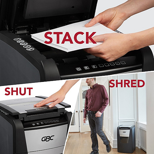 GBC AutoFeed+ Home Office Shredder, 150X, Super Cross-Cut, 150 Sheets Continuous Shredder - Super Cross Cut - 8 Per Pass - for shredding Credit Card, Paper Clip, Staples, Paper - P-4 - 30 Minute Run Time - 11.60 gal Wastebin Capacity - Black (WSM1757604)