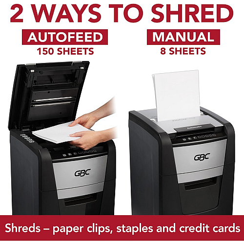 GBC AutoFeed+ Home Office Shredder, 150X, Super Cross-Cut, 150 Sheets Continuous Shredder - Super Cross Cut - 8 Per Pass - for shredding Credit Card, Paper Clip, Staples, Paper - P-4 - 30 Minute Run Time - 11.60 gal Wastebin Capacity - Black (WSM1757604)