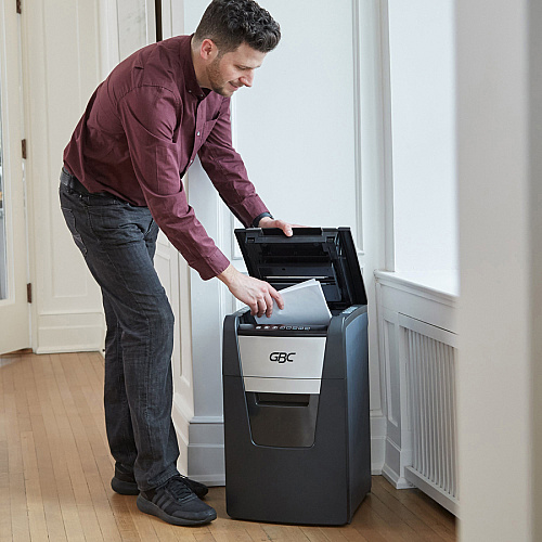 GBC AutoFeed+ Home Office Shredder, 150X, Super Cross-Cut, 150 Sheets Continuous Shredder - Super Cross Cut - 8 Per Pass - for shredding Credit Card, Paper Clip, Staples, Paper - P-4 - 30 Minute Run Time - 11.60 gal Wastebin Capacity - Black (WSM1757604)