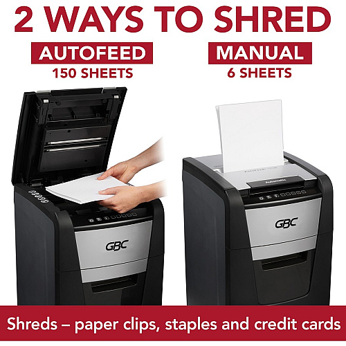 GBC AutoFeed+ Home Office Shredder, 150M, Micro-Cut, 150 Sheets Continuous Shredder - Micro Cut - 6 Per Pass - for shredding Credit Card, Paper Clip, Staples, Paper - P-5 - 30 Minute Run Time - 11.60 gal Wastebin Capacity - Black (WSM1757605)