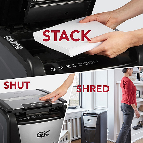 GBC AutoFeed+ Small Office Shredder, 230X, Super Cross-Cut, 230 Sheets Continuous Shredder - Super Cross Cut - 10 Per Pass - for shredding Credit Card, Paper Clip, Staples, Paper - P-4 - 30 Minute Run Time - 16 gal Wastebin Capacity - Black (WSM1757606)