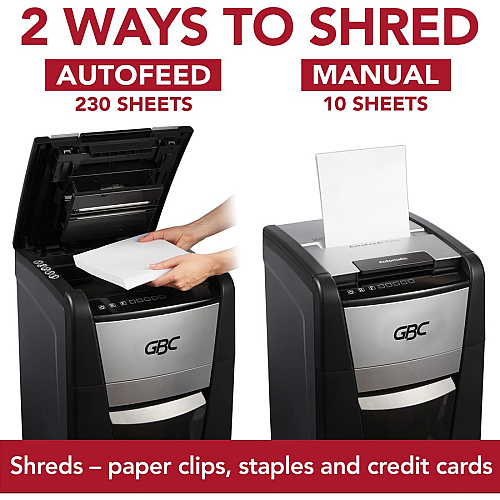 GBC AutoFeed+ Small Office Shredder, 230X, Super Cross-Cut, 230 Sheets Continuous Shredder - Super Cross Cut - 10 Per Pass - for shredding Credit Card, Paper Clip, Staples, Paper - P-4 - 30 Minute Run Time - 16 gal Wastebin Capacity - Black (WSM1757606)