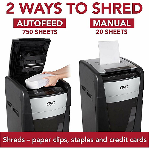 GBC AutoFeed+ Large Office Shredder, 750X, Super Cross-Cut, 750 Sheets Continuous Shredder - Super Cross Cut - 20 Per Pass - for shredding Credit Card, Paper Clip, Staples, Paper - P-4 - 4 Hour Run Time - 37 gal Wastebin Capacity - Black - 1  (WSM1757612)