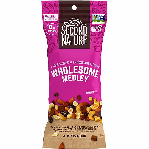 Second Nature Wholesome Medley Trail Mix Low Sodium, Gluten-free, No Artificial Color, Preservative-free, No Artificial Flavor, Trans Fat Free - Almond, Cashew, Peanut, Cherry, Dried Cranberries, Dark Chocolate, Dried Cherries - 2.25 oz - 1 Box (1170)