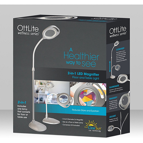 OttLite LED Magnifier Floor & Table Light 54.8" Height - LED Bulb - Glare-free Light, Flexible Neck, Handle, Adjustable Height - 240 lm Lumens - Floor-mountable, Table Top - for Table (CS43828W)