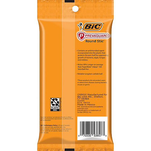BIC PrevaGuard Round Stic Ballpoint Pen Round Pen Point - Black Ink - 8 / Pack (GSAMP81BK)
