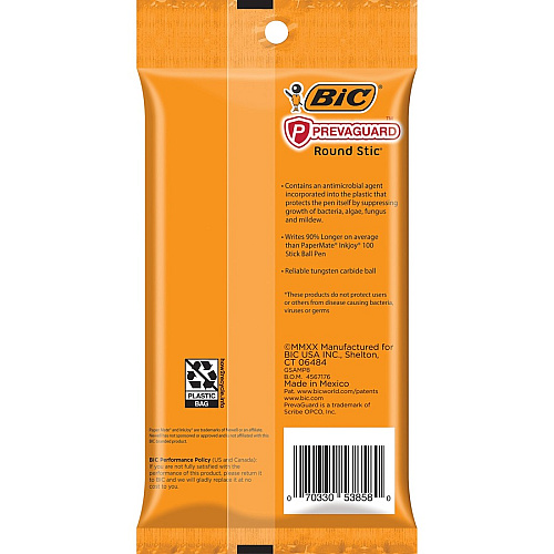 BIC PrevaGuard Round Stic Ballpoint Pen Round Pen Point - Blue Ink - 8 / Pack (GSAMP81BE)