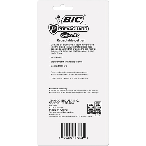 BIC PrevaGuard Gel-ocity Gel Pen 0.7 mm Pen Point - Black Ink - Gel-based - 4 / Pack (RGGAP4BK)