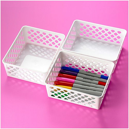 Officemate Achieva Medium Supply Basket, 3/PK 2.4" Height x 6.1" Width x 5" Depth - Compact, Stackable, Storage Space - White - Plastic - 3 / Pack (26205)