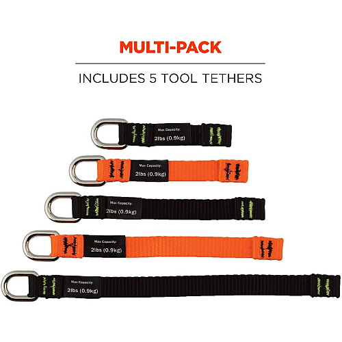 Ergodyne 3700 Web Tool Tether Attachment - D-Ring Tool Tails - 2lbs (6-Pack) 9.5" Height x 0.3" Width - Black, Orange - Nylon Webbing - 5 / Pack (19701)