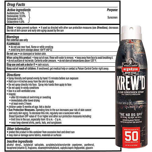 Ergodyne 6353 SPF 50 Sunscreen Spray Spray - 5.50 fl oz - SPF 50 - Skin - UVA Protection, UVB Protection, Water Resistant, Lightweight, Non-greasy, Absorbs Quickly, Paraben-free, Phthalates-free, Hypoallergenic, Sweat Resistant, Octinoxate-free, . (16639)