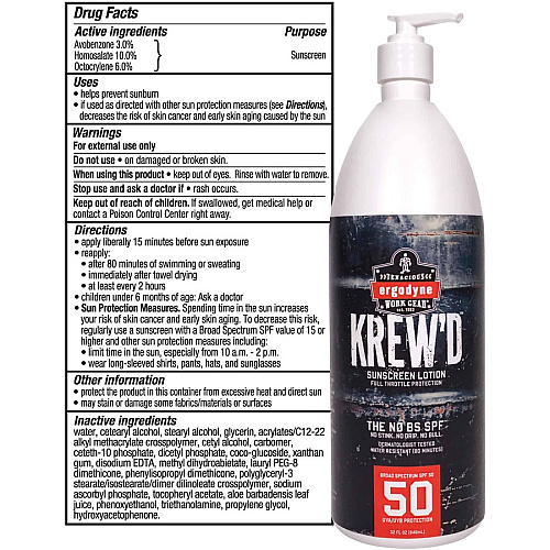 Ergodyne 6355 SPF 50 Sunscreen Lotion Lotion - 1 quart - Non-fragrance - SPF 50 - Skin - UVA Protection, UVB Protection, Water Resistant, Lightweight, Non-greasy, Absorbs Quickly, Paraben-free, Phthalates-free, Hypoallergenic, Fragrance-free, Swea (16643)
