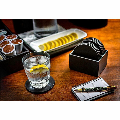 Dacasso Leather Round Coaster Set Round - Black - Top Grain Leather - 1Each - 1 Each (A1035)