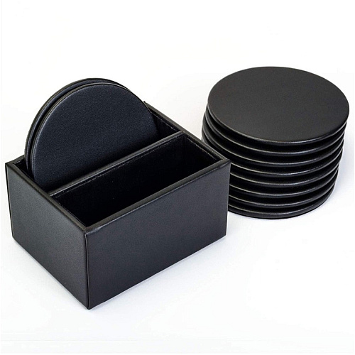 Dacasso Leather Round Coaster Set Round - Black - Top Grain Leather - 1Each - 1 Each (A1035)