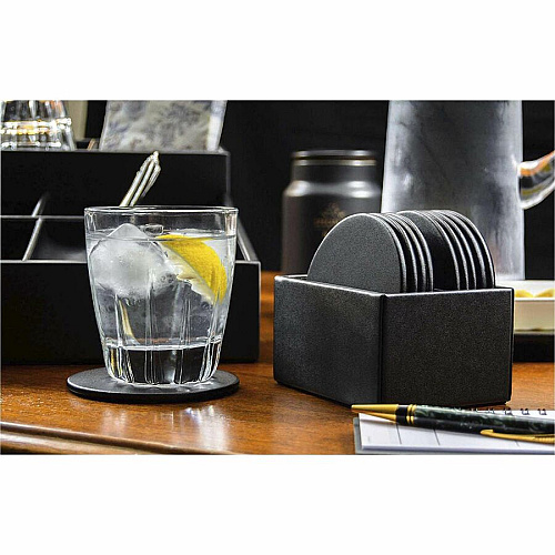 Dacasso Leatherette Round Coaster Set Round - Black - Leatherette - 1Each - 1 Each (A1335)