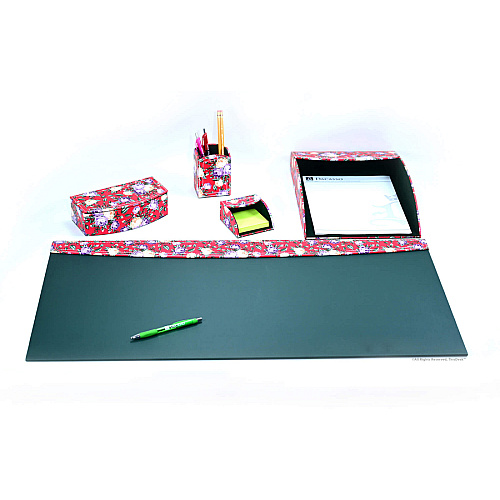 Dacasso 5-piece Home/Office Leather Desk Accessory Set Velveteen, PU Leather - Floral Red - 1 Each (K8202)