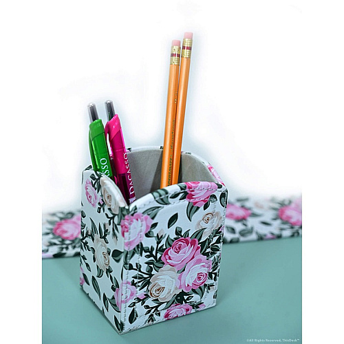 Dacasso 5-piece Home/Office Leather Desk Accessory Set Velveteen, PU Leather - Floral White - 1 Each (K8002)