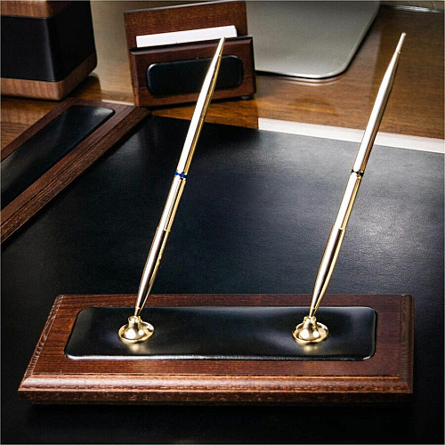 Dacasso Walnut & Leather Pen Stand Leather, Wood, Rubber - Black, Walnut - 1 Each (A8404)