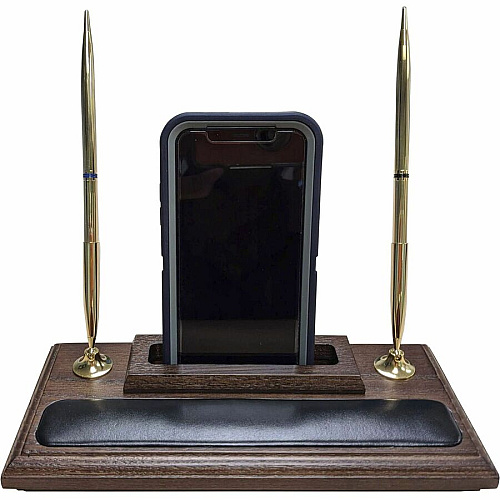 Dacasso Walnut & Leather Double Pen Stand/Cell Phone Holder Leather, Wood, Rubber - Black, Walnut - 1 Each (A8412)