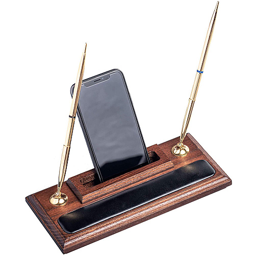 Dacasso Walnut & Leather Double Pen Stand/Cell Phone Holder Leather, Wood, Rubber - Black, Walnut - 1 Each (A8412)