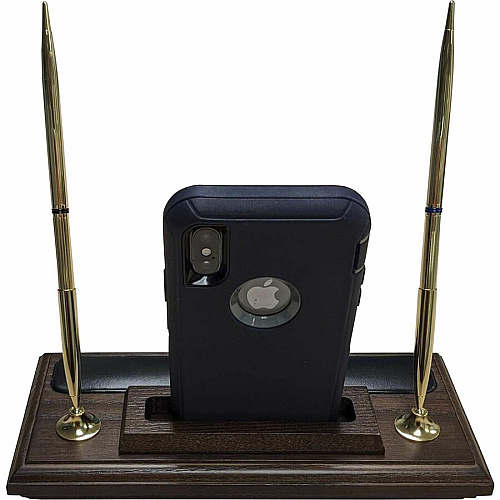 Dacasso Walnut & Leather Double Pen Stand/Cell Phone Holder Leather, Wood, Rubber - Black, Walnut - 1 Each (A8412)