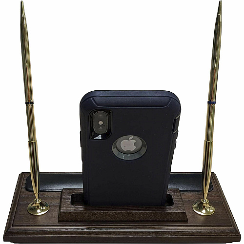 Dacasso Walnut & Leather Double Pen Stand/Cell Phone Holder Leather, Wood, Rubber - Black, Walnut - 1 Each (A8412)