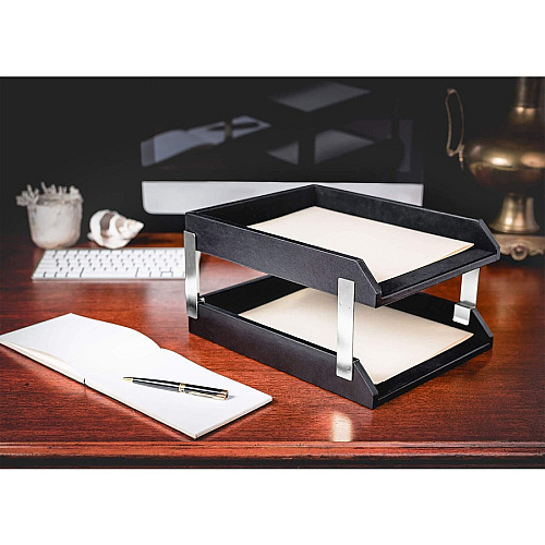Dacasso Classic Leather Double Letter Trays Desktop - Black - Top Grain Leather, Velveteen - 1 Each (A1022)